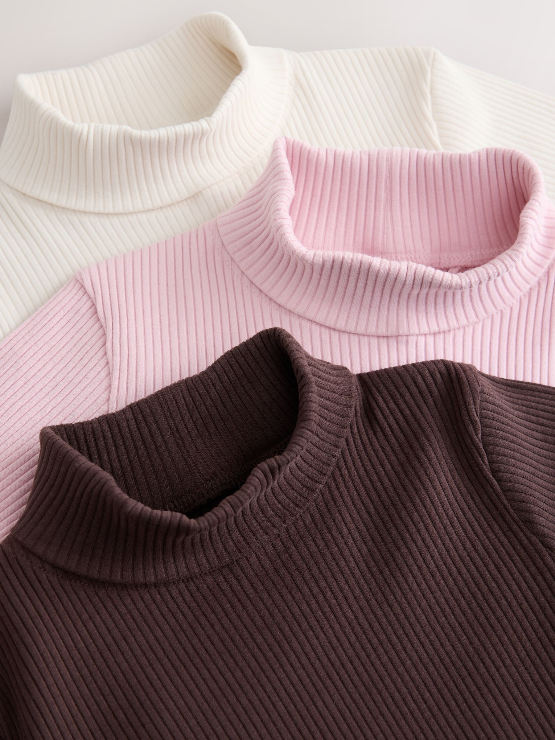 Buy Chocolate/Pink Long Sleeve Roll Neck Rib Tops 3 Pack (3-16yrs