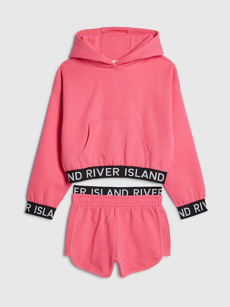 River Island Pink Logo Hoodie & Short Set - Image 1 of 4