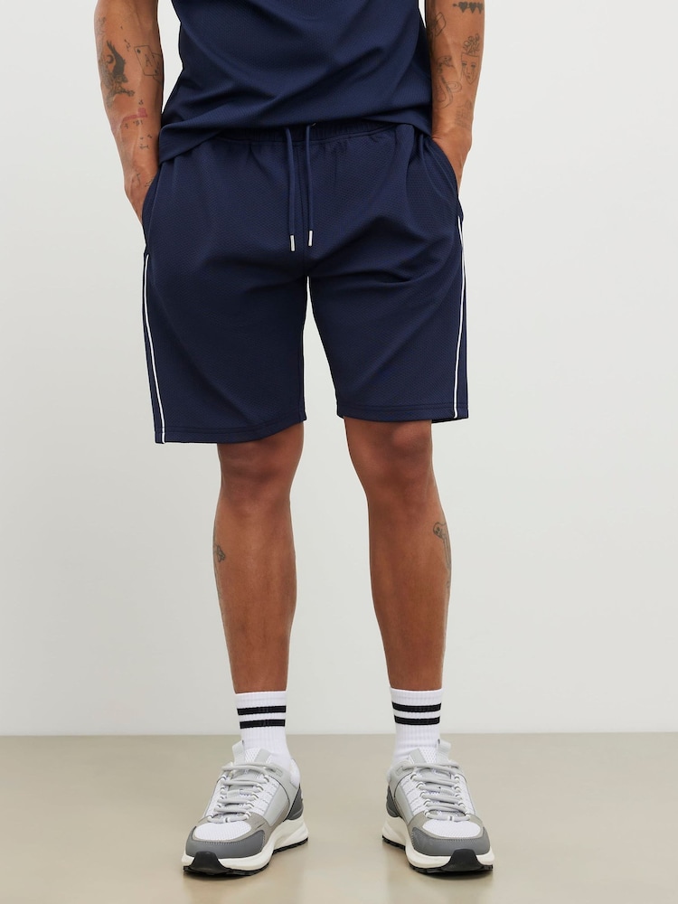 River Island Blue Slim Fit Textured Piped Shorts - Image 1 of 4 River Island Blue Slim Fit Textured Piped Shorts - Image 1 of 4