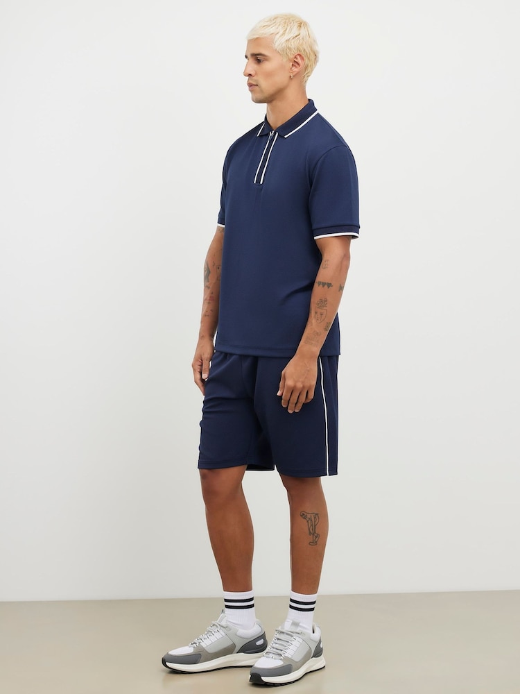 River Island Blue Slim Fit Textured Piped Shorts - Image 2 of 4 River Island Blue Slim Fit Textured Piped Shorts - Image 2 of 4