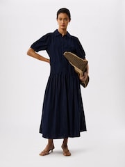 Whistles Blue Textured Drop Waist Midi Dress - Image 1 of 4