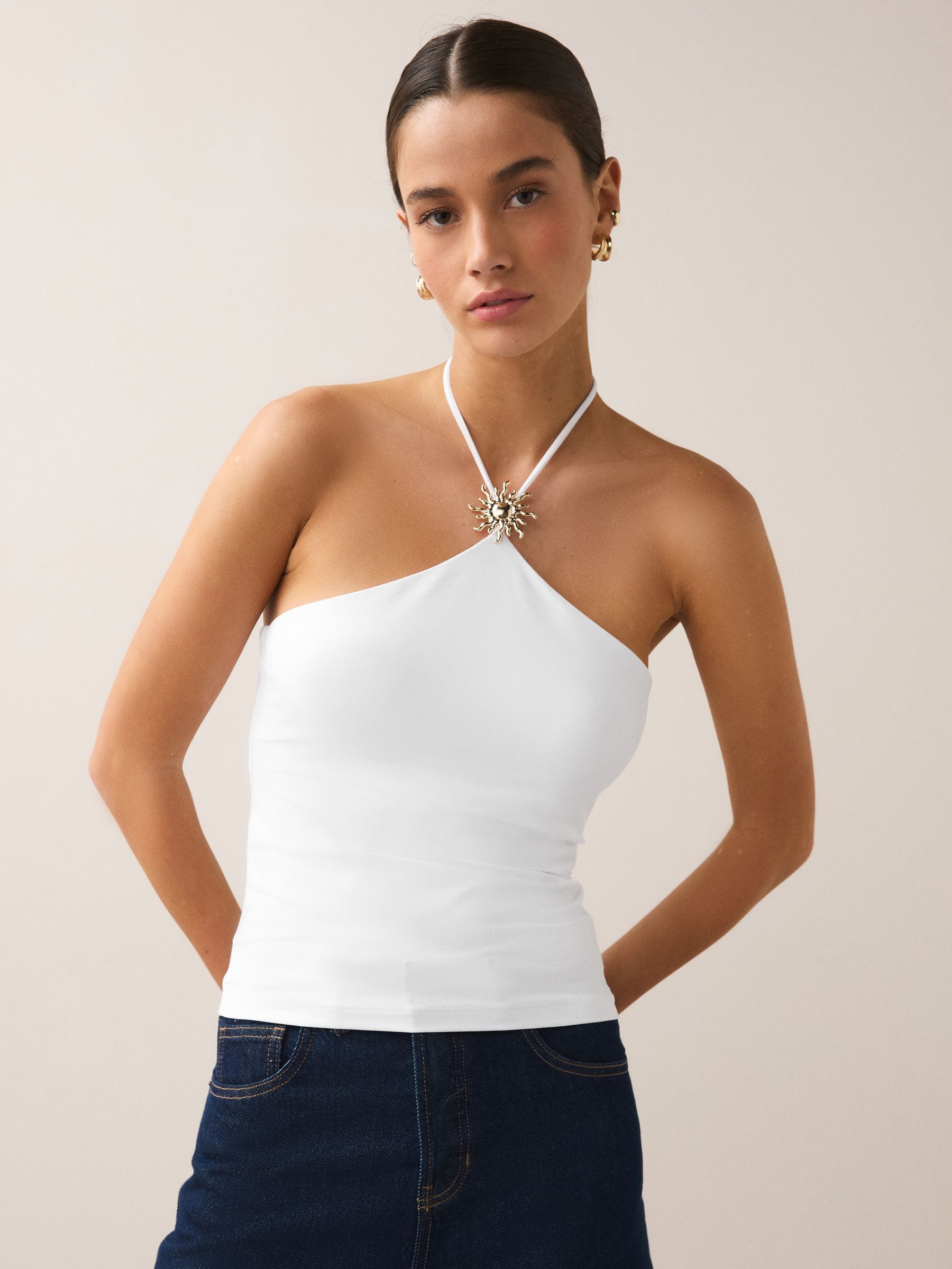 Buy White Soft Touch Slinky Sleeveless Halter Neck Hardware Top