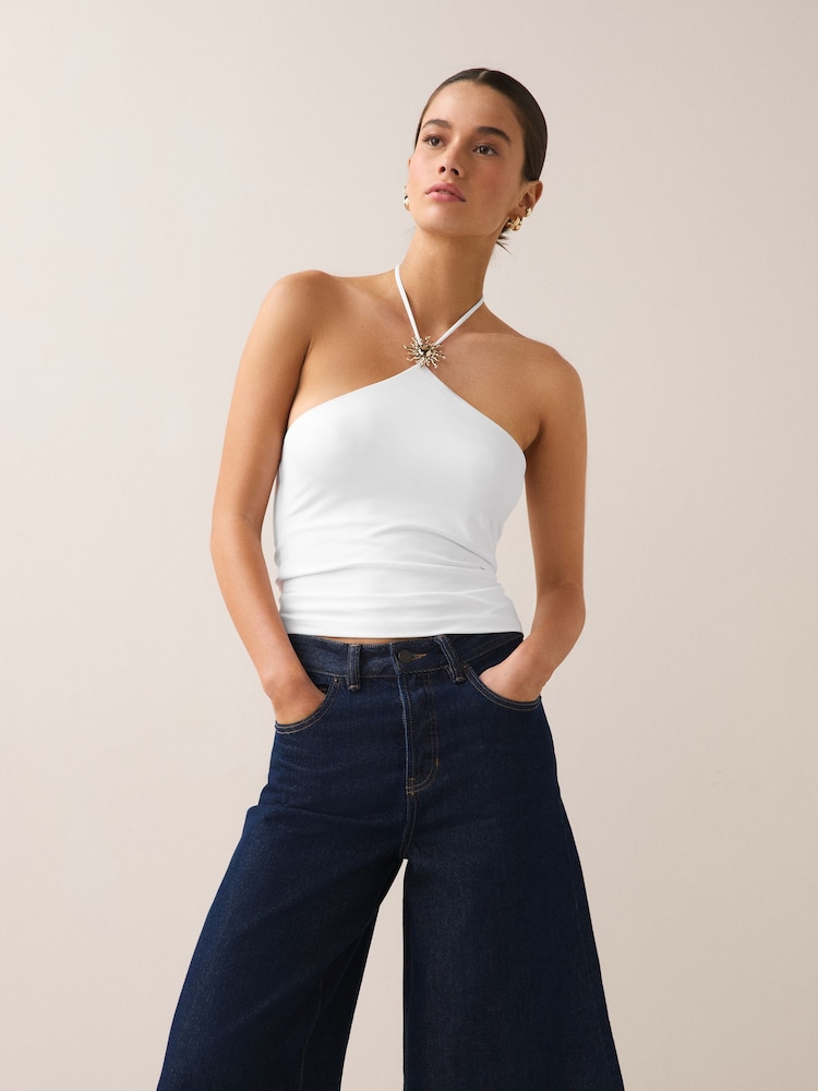 White Soft Touch Slinky Sleeveless Halter Neck Hardware Top - Image 3 of 3 White Soft Touch Slinky Sleeveless Halter Neck Hardware Top - Image 3 of 3