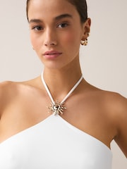 White Soft Touch Slinky Sleeveless Halter Neck Hardware Top - Image 5 of 9