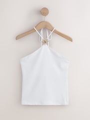 White Soft Touch Slinky Sleeveless Halter Neck Hardware Top - Image 7 of 9