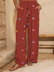Love & Roses Rust Brown Sun Emboridered Wide Leg Beach Trousers - Image 1 of 4