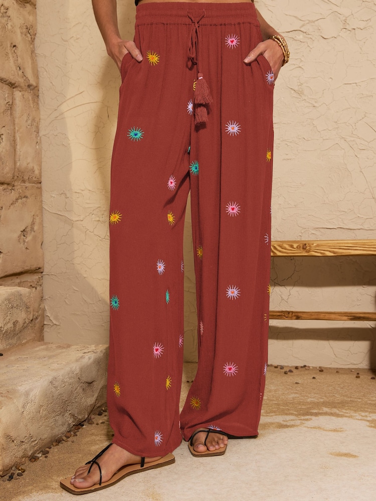 Love & Roses Rust Brown Sun Emboridered Wide Leg Beach Trousers - Image 1 of 4