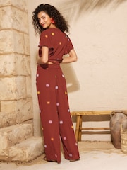 Love & Roses Rust Brown Sun Emboridered Wide Leg Beach Trousers - Image 4 of 4