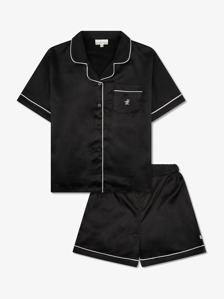 The Little Tailor Black Satin Button Through Short Pyjamas Set - Image 1 of 8