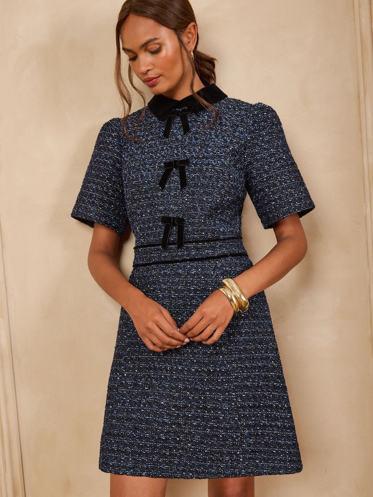Love & Roses Navy Tailored Lurex Boucle Bow Mini Dress - Image 1 of 5
