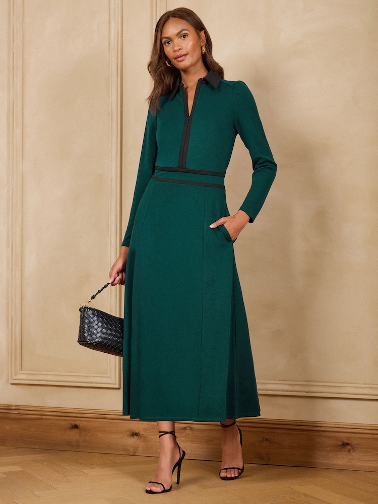 Love & Roses Forest Green Contrast Ponte Midi Dress - Image 1 of 4