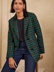 Love & Roses Forest Green Tailored Tartan Velvet Detail Blazer - Image 1 of 5