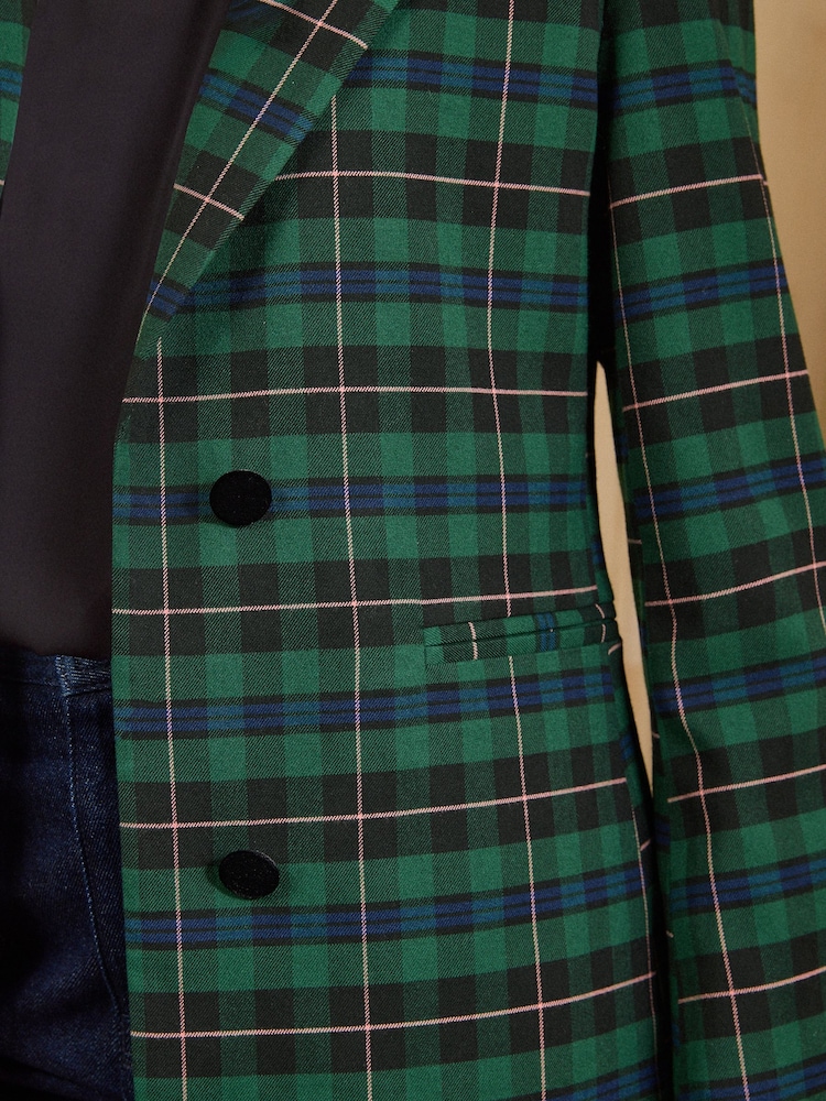Love & Roses Forest Green Tailored Tartan Velvet Detail Blazer - Image 2 of 5