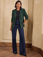 Love & Roses Forest Green Tailored Tartan Velvet Detail Blazer - Image 3 of 5