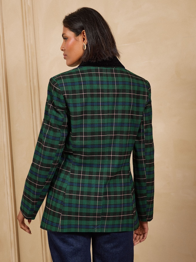 Love & Roses Forest Green Tailored Tartan Velvet Detail Blazer - Image 5 of 5