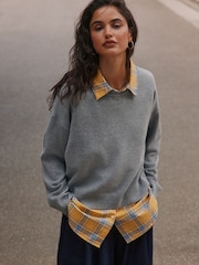 Grey with Yellow Check Supersoft Crew Neck Shirt Layer Jumper - Image 1 of 4