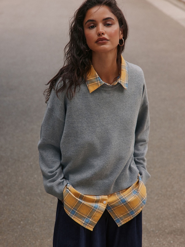 Grey with Yellow Check Supersoft Crew Neck Shirt Layer Jumper - Image 1 of 4 Grey with Yellow Check Supersoft Crew Neck Shirt Layer Jumper - Image 1 of 4