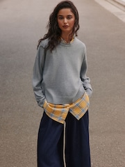 Grey with Yellow Check Supersoft Crew Neck Shirt Layer Jumper - Image 2 of 4