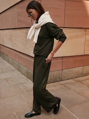 Khaki Green Wide Leg Jersey Joggers With Satin Side Stripe - Image 1 of 8