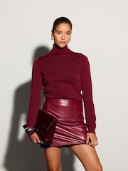 Burgundy Red Faux Leather Mix Tie Belt 2 in 1 Mini Dress - Image 1 of 8