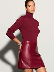 Burgundy Red Faux Leather Mix Tie Belt 2 in 1 Mini Dress - Image 3 of 8