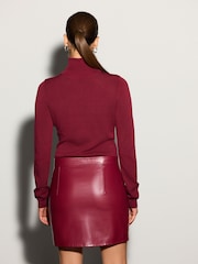 Burgundy Red Faux Leather Mix Tie Belt 2 in 1 Mini Dress - Image 4 of 8