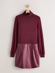 Burgundy Red Faux Leather Mix Tie Belt 2 in 1 Mini Dress - Image 6 of 8
