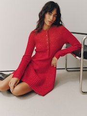 Red Ribbed Knit Henley Mini Dress - Image 1 of 5