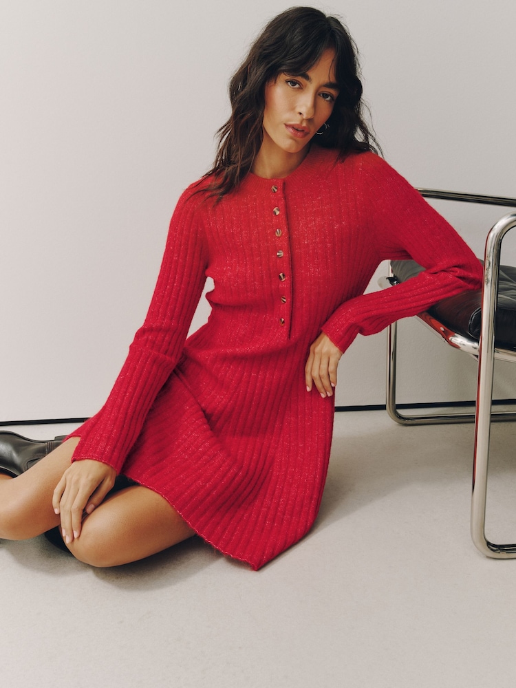 Red Ribbed Knit Henley Mini Dress - Image 1 of 5 Red Ribbed Knit Henley Mini Dress - Image 1 of 5