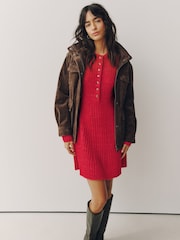 Red Ribbed Knit Henley Mini Dress - Image 2 of 5