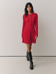 Red Ribbed Knit Henley Mini Dress - Image 3 of 5