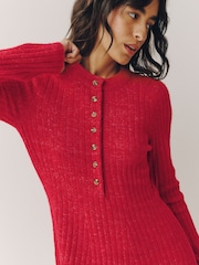 Red Ribbed Knit Henley Mini Dress - Image 5 of 5