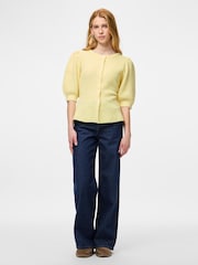 PIECES Yellow Short Sleeve Puff Knit Cardigan - Image 1 of 5