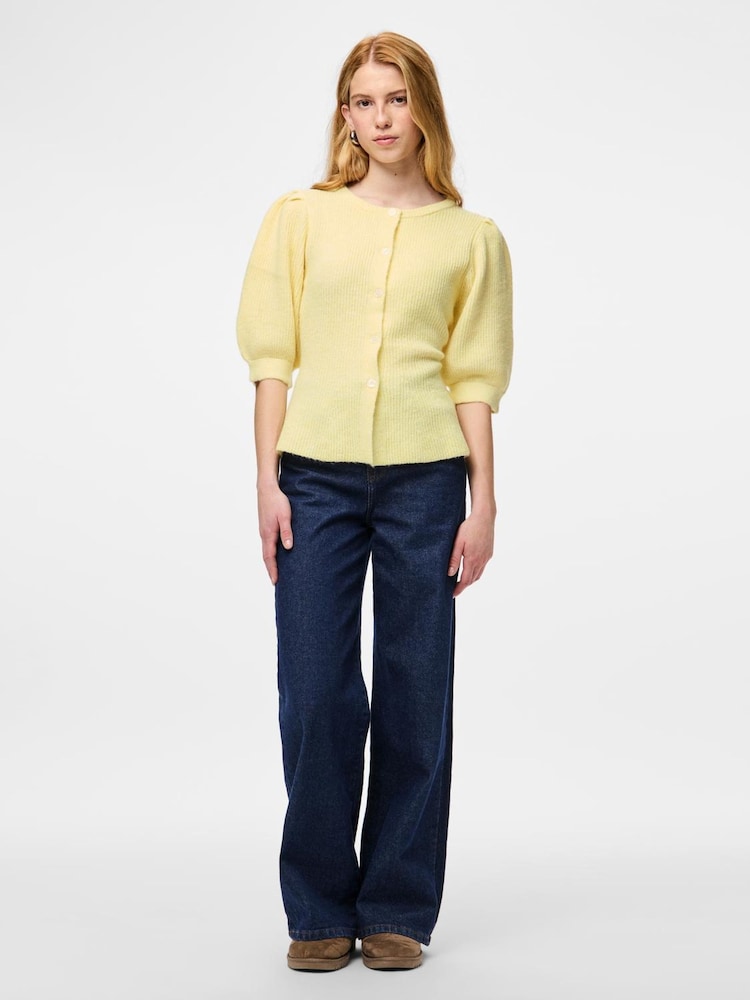 PIECES Yellow Short Sleeve Puff Knit Cardigan - Image 1 of 5