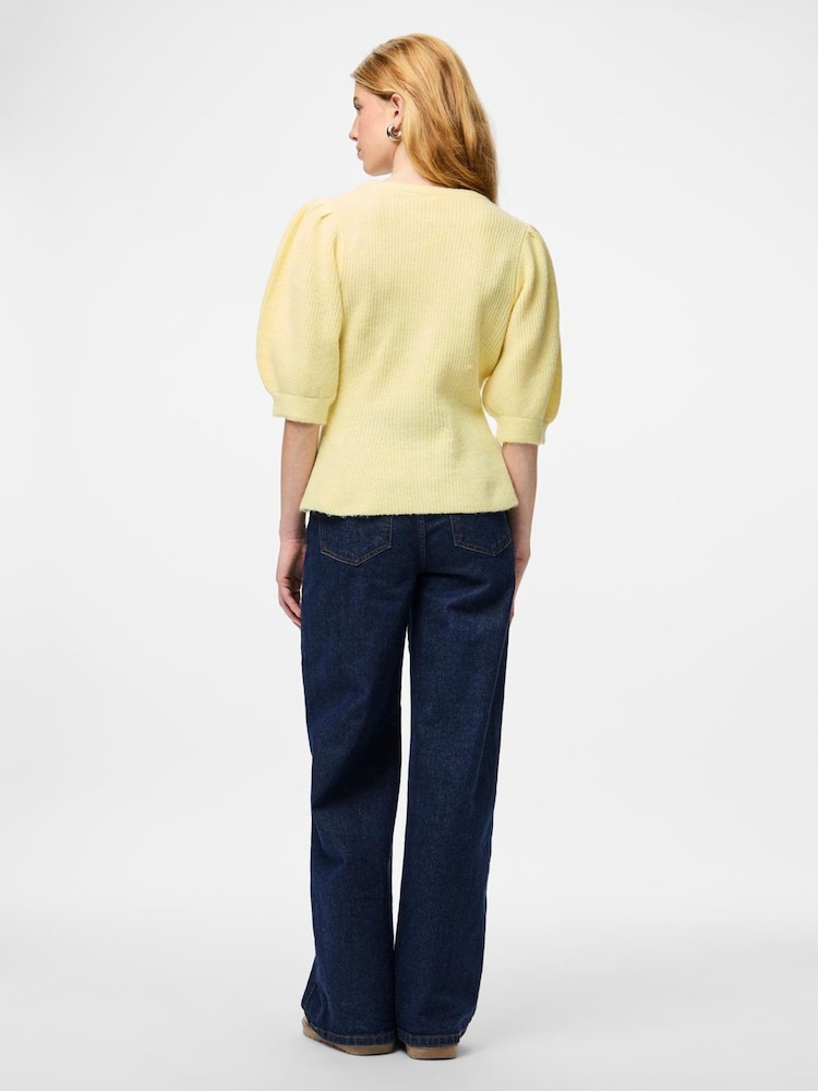 PIECES Yellow Short Sleeve Puff Knit Cardigan - Image 2 of 5