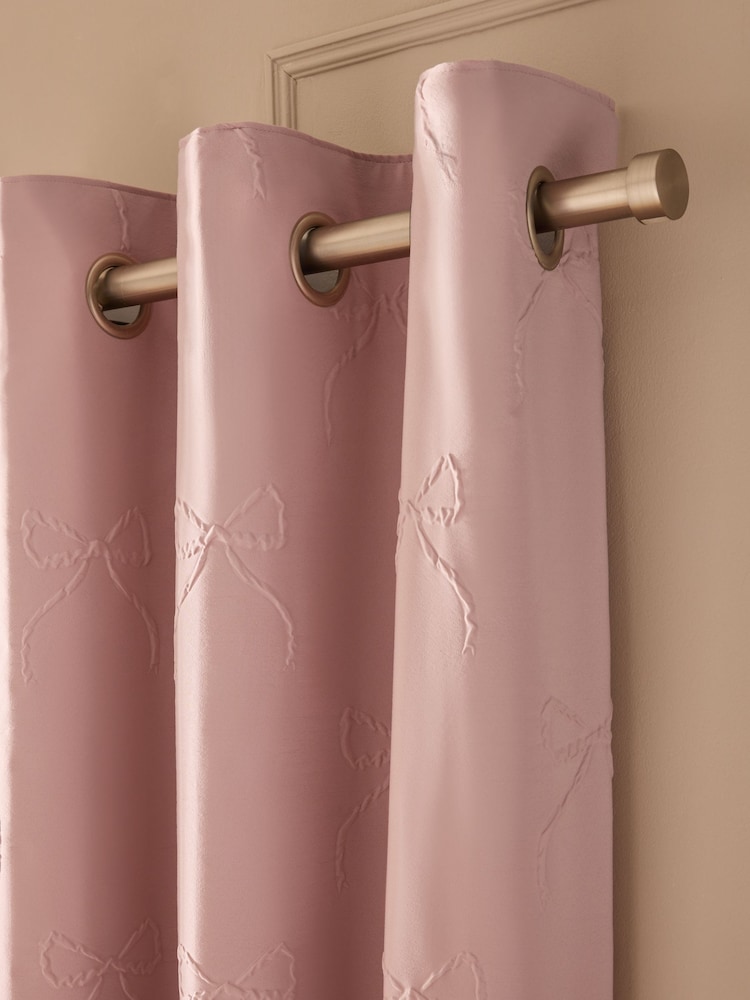 Pink Bow Textured Blackout Thermal Eyelet Curtains - Image 1 of 6 Pink Bow Textured Blackout Thermal Eyelet Curtains - Image 1 of 6