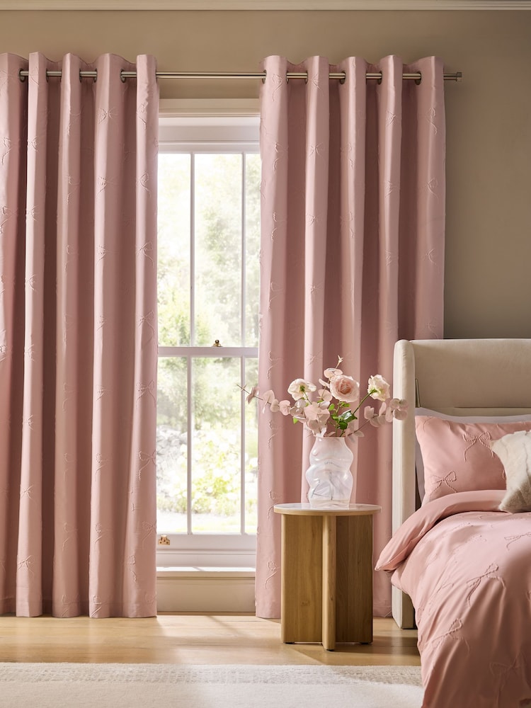 Pink Bow Textured Blackout Thermal Eyelet Curtains - Image 2 of 6 Pink Bow Textured Blackout Thermal Eyelet Curtains - Image 2 of 6