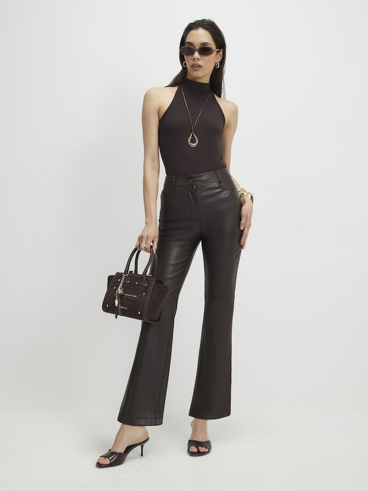 River Island Brown Faux Leather Cropped Kickflare Trousers - Image 1 of 4