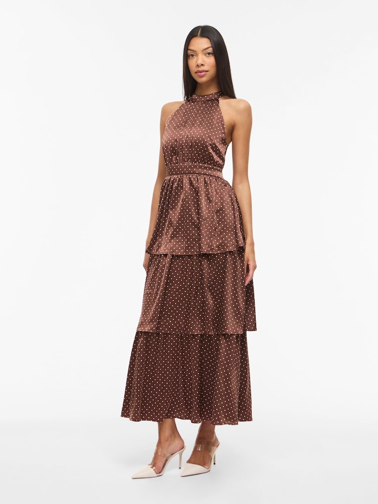 VILA Brown Halterneck Printed Satin Spot Print Tiered Ankle Dress - Image 1 of 7 VILA Brown Halterneck Printed Satin Spot Print Tiered Ankle Dress - Image 1 of 7