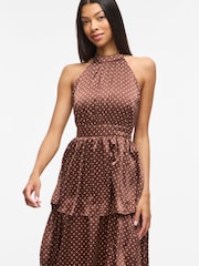 VILA Brown Halterneck Printed Satin Spot Print Tiered Ankle Dress - Image 4 of 7