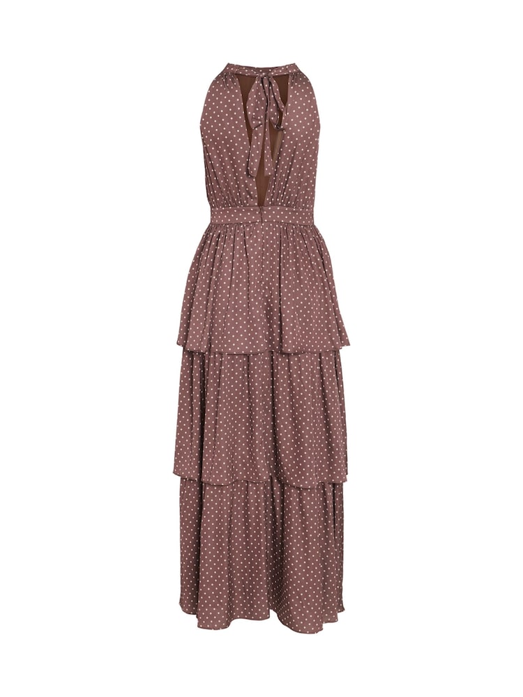 VILA Brown Halterneck Printed Satin Spot Print Tiered Ankle Dress - Image 7 of 7 VILA Brown Halterneck Printed Satin Spot Print Tiered Ankle Dress - Image 7 of 7