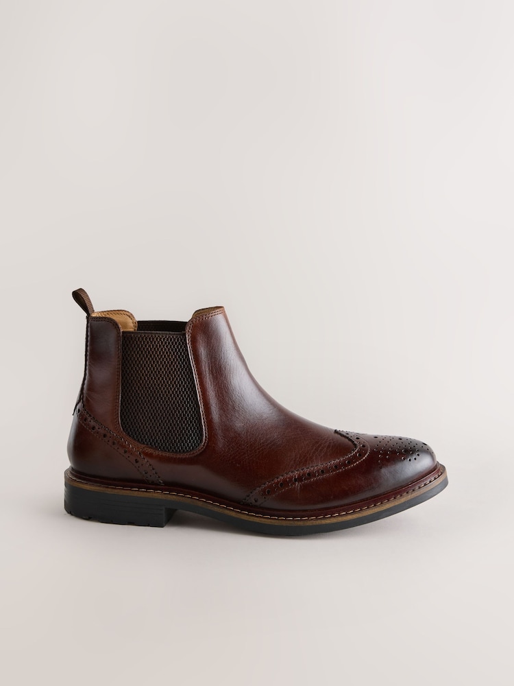 Tan Brown Brogue Leather Chelsea Boots - Image 2 of 6 Tan Brown Brogue Leather Chelsea Boots - Image 2 of 6