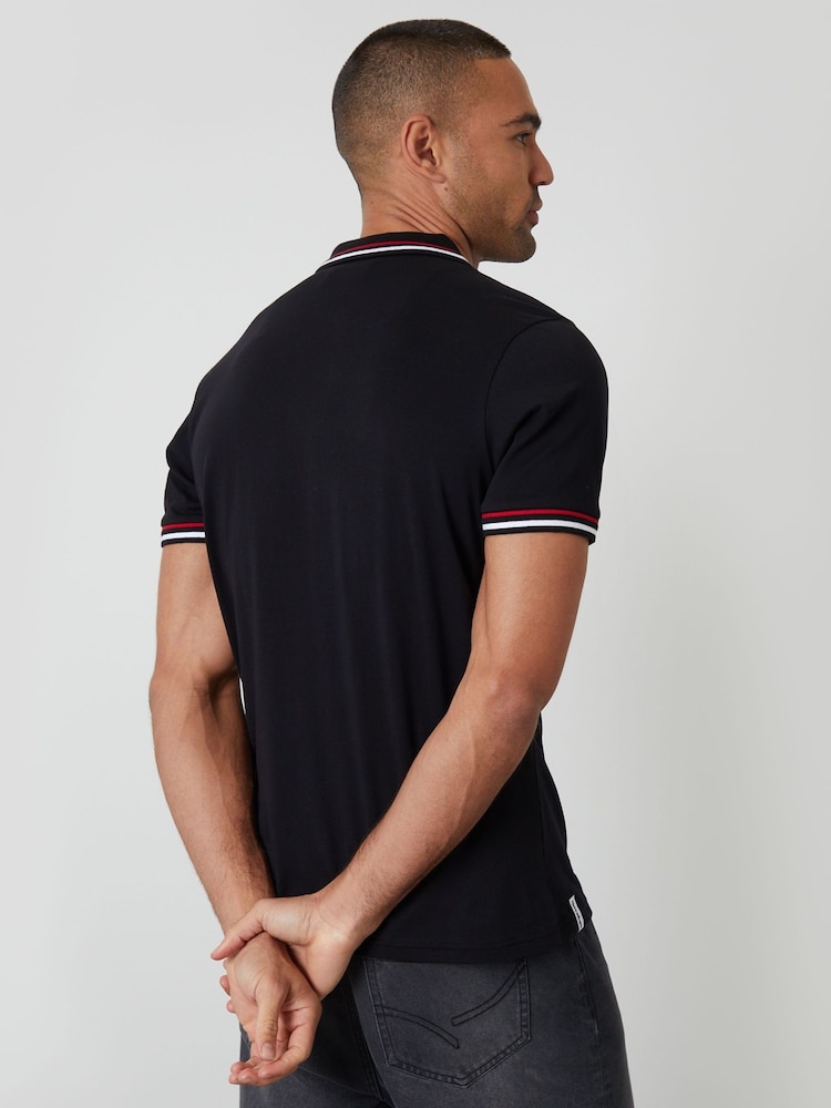 Threadbare Black Contrast Tipping Hidden Placket Polo Shirt - Image 2 of 4