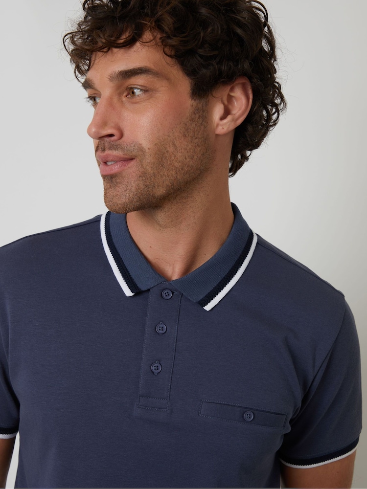 Threadbare Blue Jetted Pocket Cotton Interlock Polo Shirt - Image 1 of 4