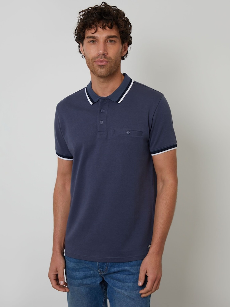 Threadbare Blue Jetted Pocket Cotton Interlock Polo Shirt - Image 2 of 4