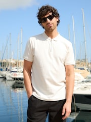 Threadbare White Textured Quarter Zip Polo Shirt - Image 1 of 5