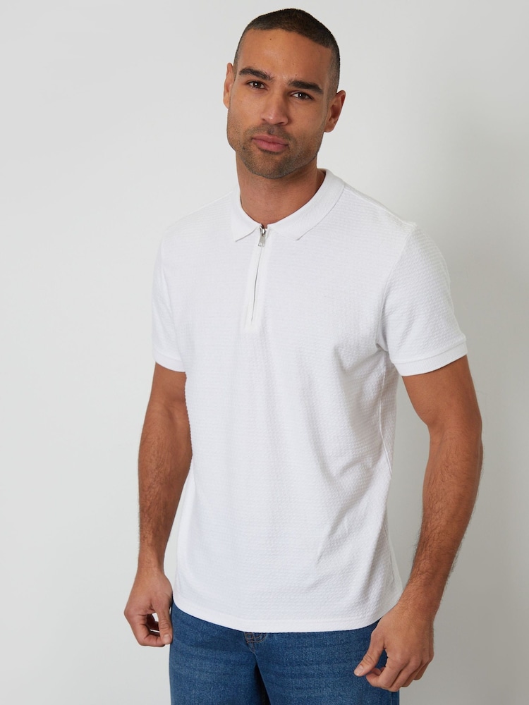 Threadbare White Textured Quarter Zip Polo Shirt - Image 2 of 5