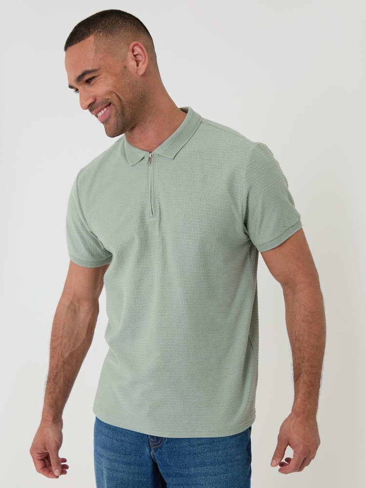 Verde - Threadbare Textured Quarter Zip Polo Shirt - Imagen 1 de 5