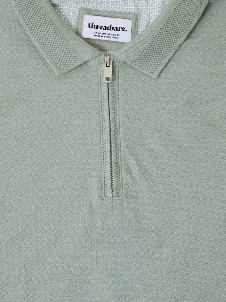 Verde - Threadbare Textured Quarter Zip Polo Shirt - Imagen 5 de 5