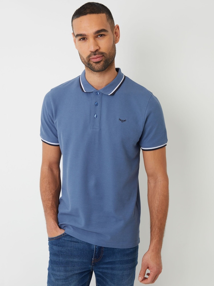 Threadbare Denim Blue Herringbone Tipping Detail Pique Polo Shirt - Image 1 of 4